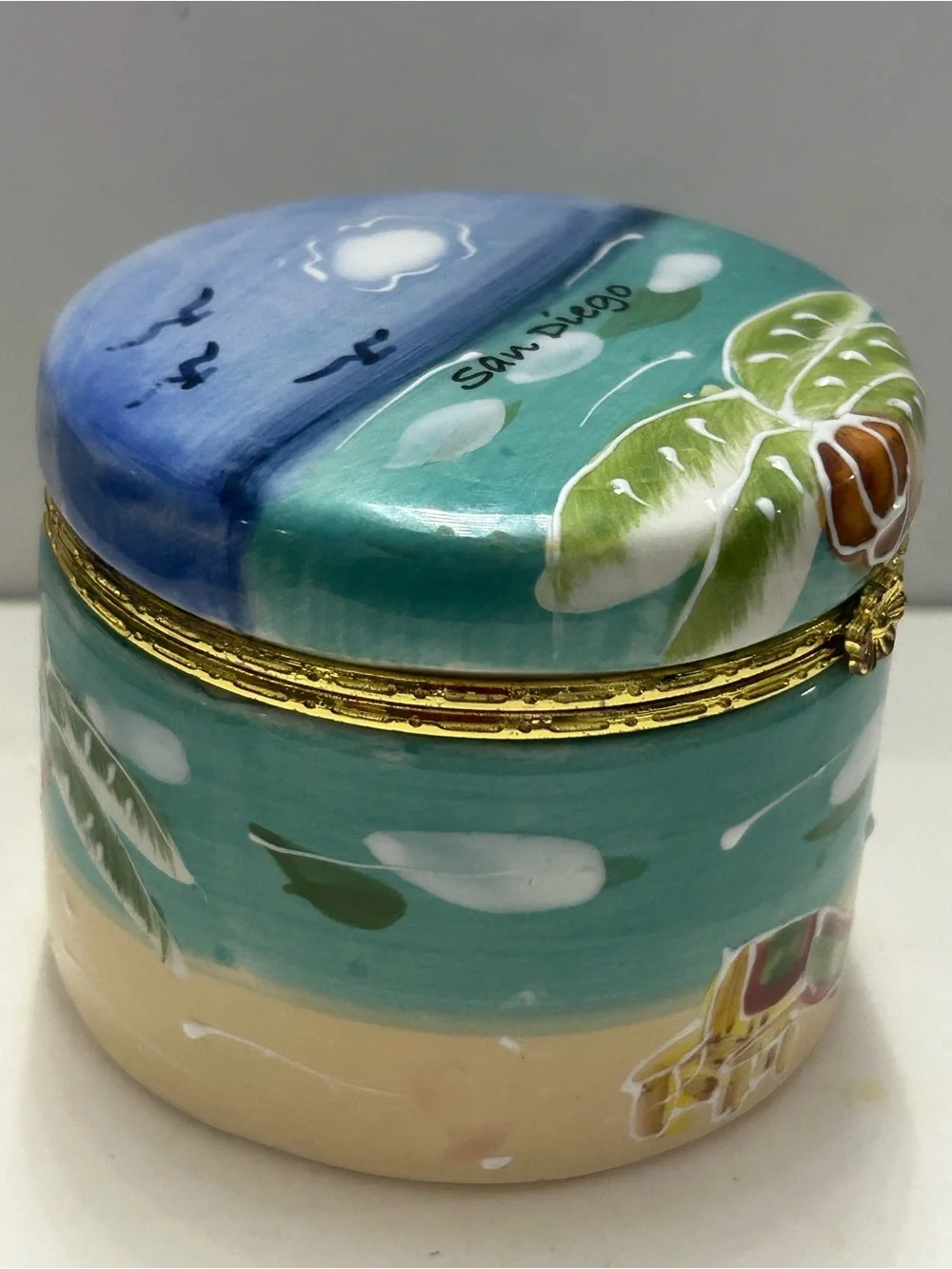 Vintage Trinket Box Hand-Painted Ceramic Coastal Beach Palm Design San Diego